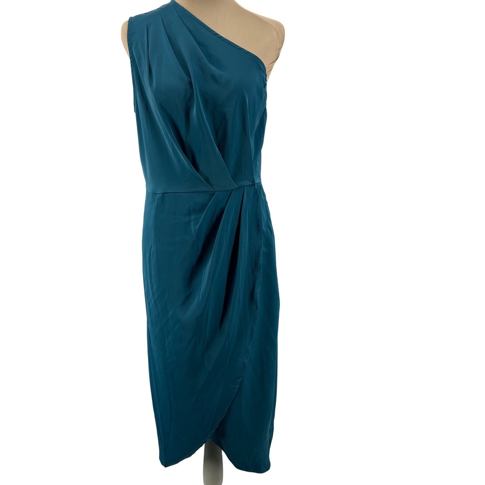 PrettyGarden One Shoulder Teal Blue Draped Wrap Midi Dress Size Medium‎ 7078